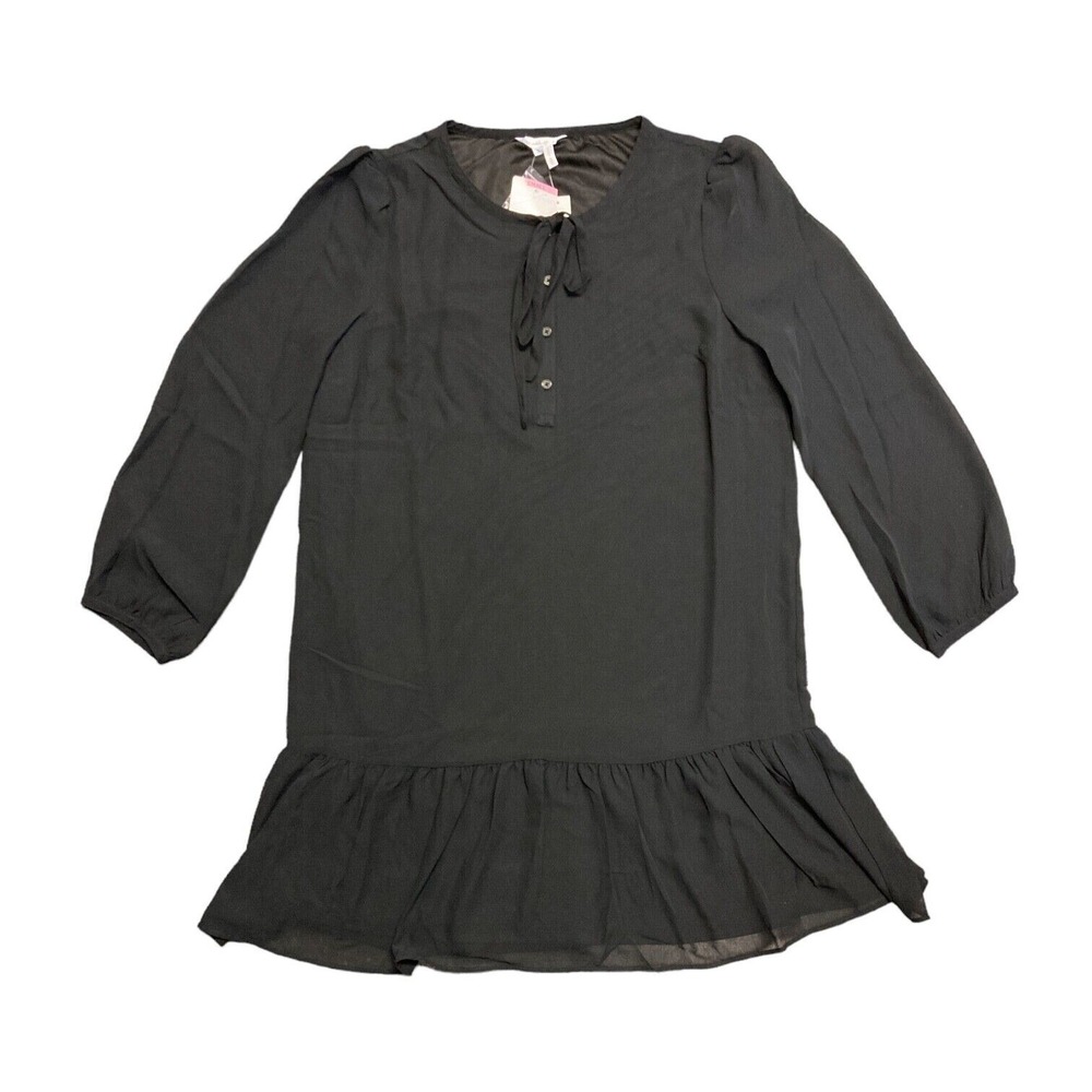 NWT Draper James Women's Long Sleeve Tie Neck Flounce Shift Dress (Black, S)